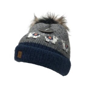 Woolk Poland Llama Knit Beanie Gray Navy Blue Faux Fur Pom Pom Winter Hat NEW